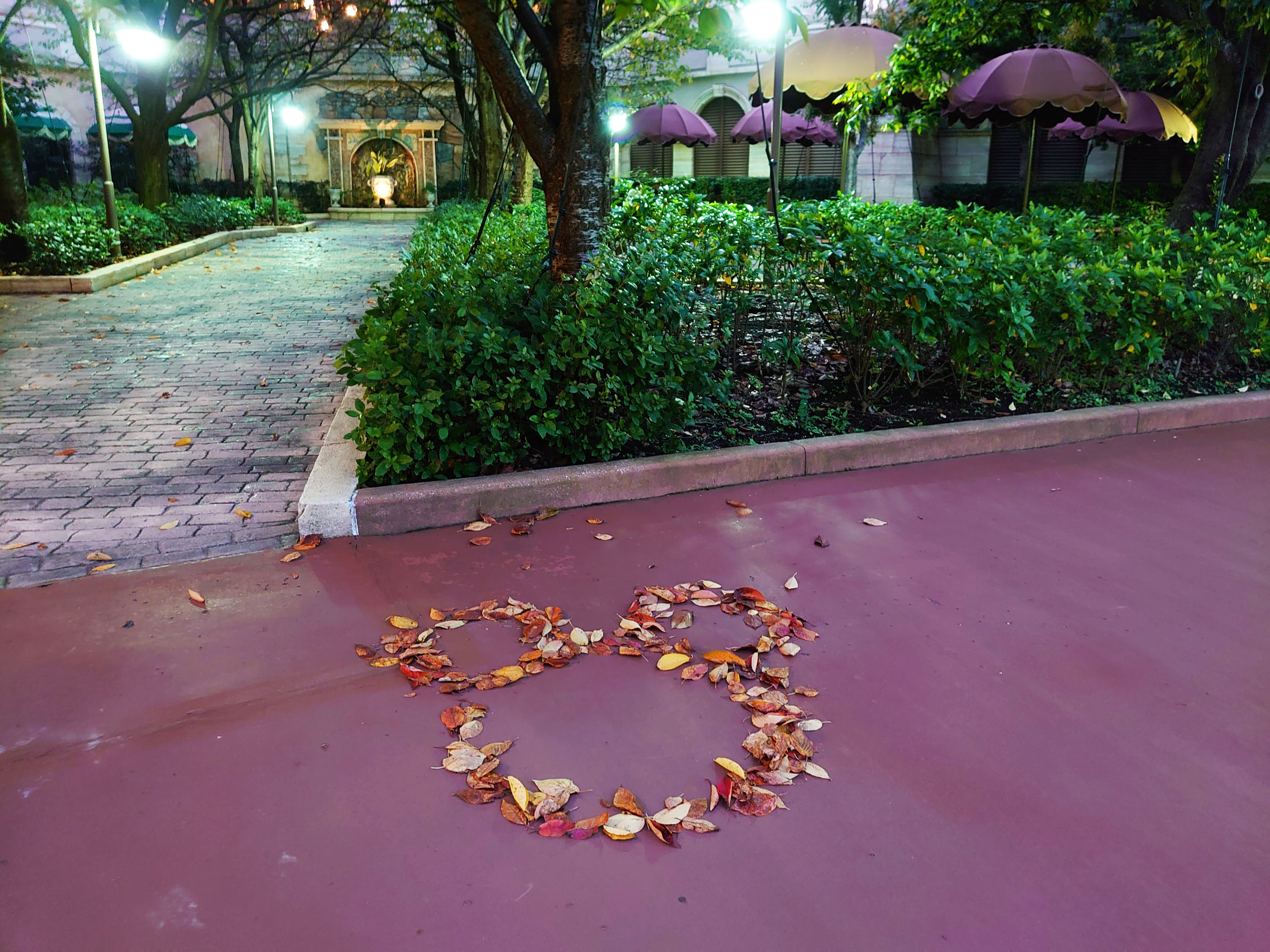 東京ディズニーシーのゲート外にキャストさんが作った落ち葉ミッキー 東京ディズニーリゾート周辺周遊